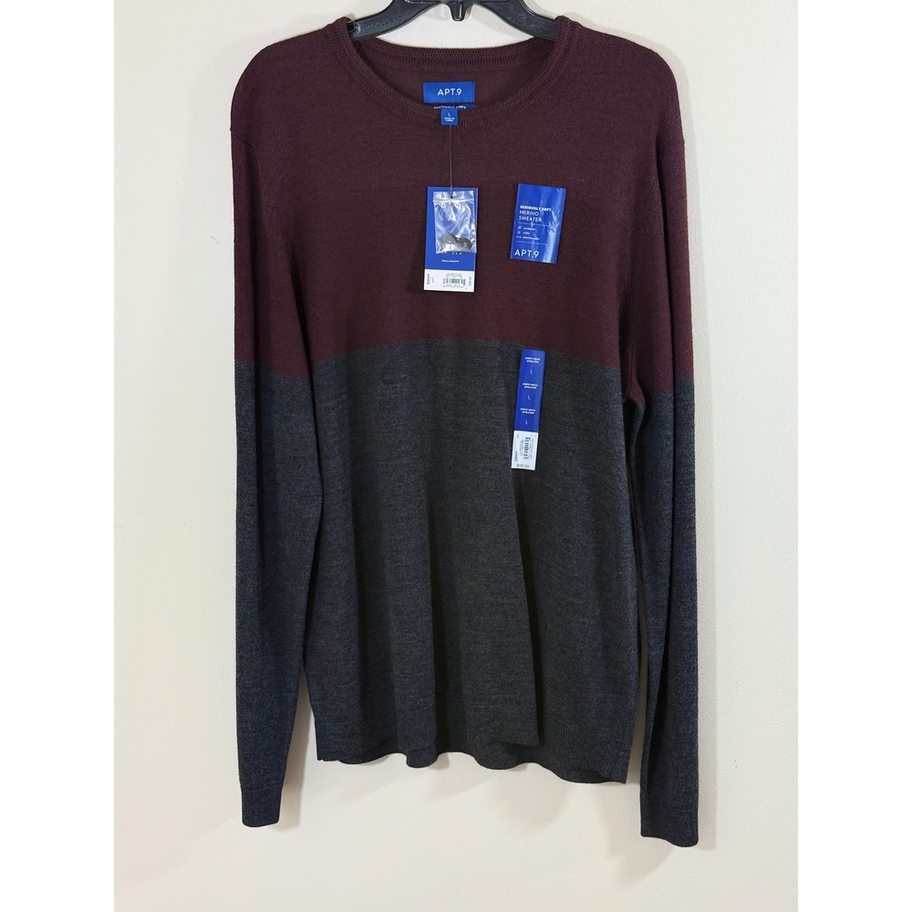 NWT Apt. 9 Merino Wool Crew Neck Sweater Men's L Burgundy Gray Colorblock